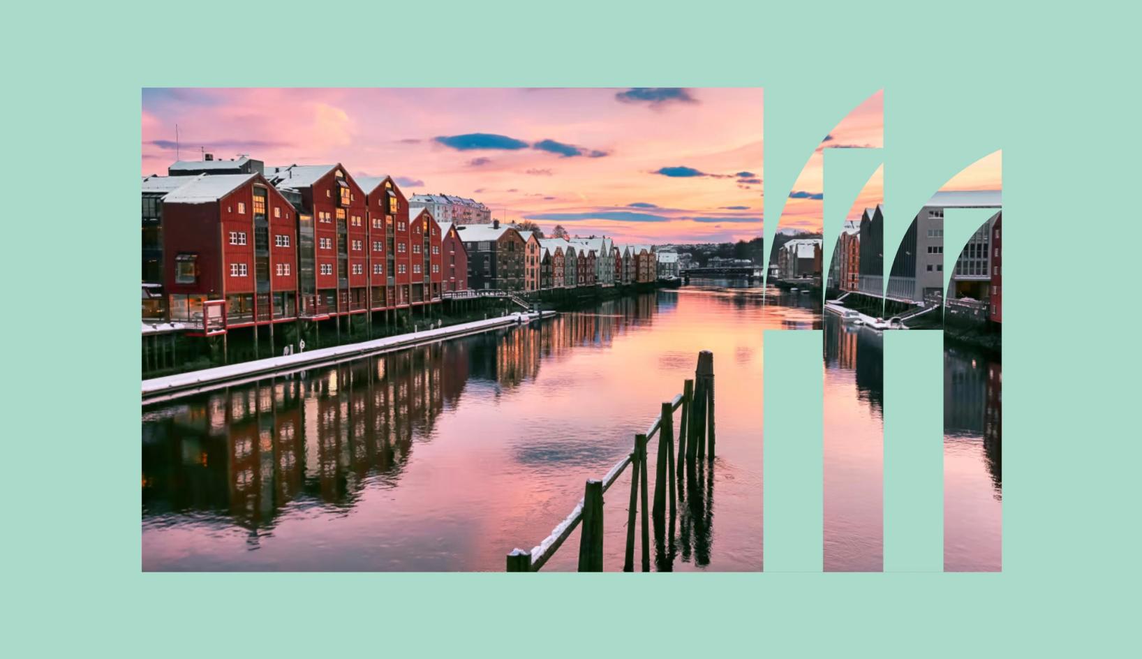 Sunset view of Trondheim’s historic riverside warehouses reflected in the Nidelva River, shown with graphic branding elements from the Trondheim visual identity.