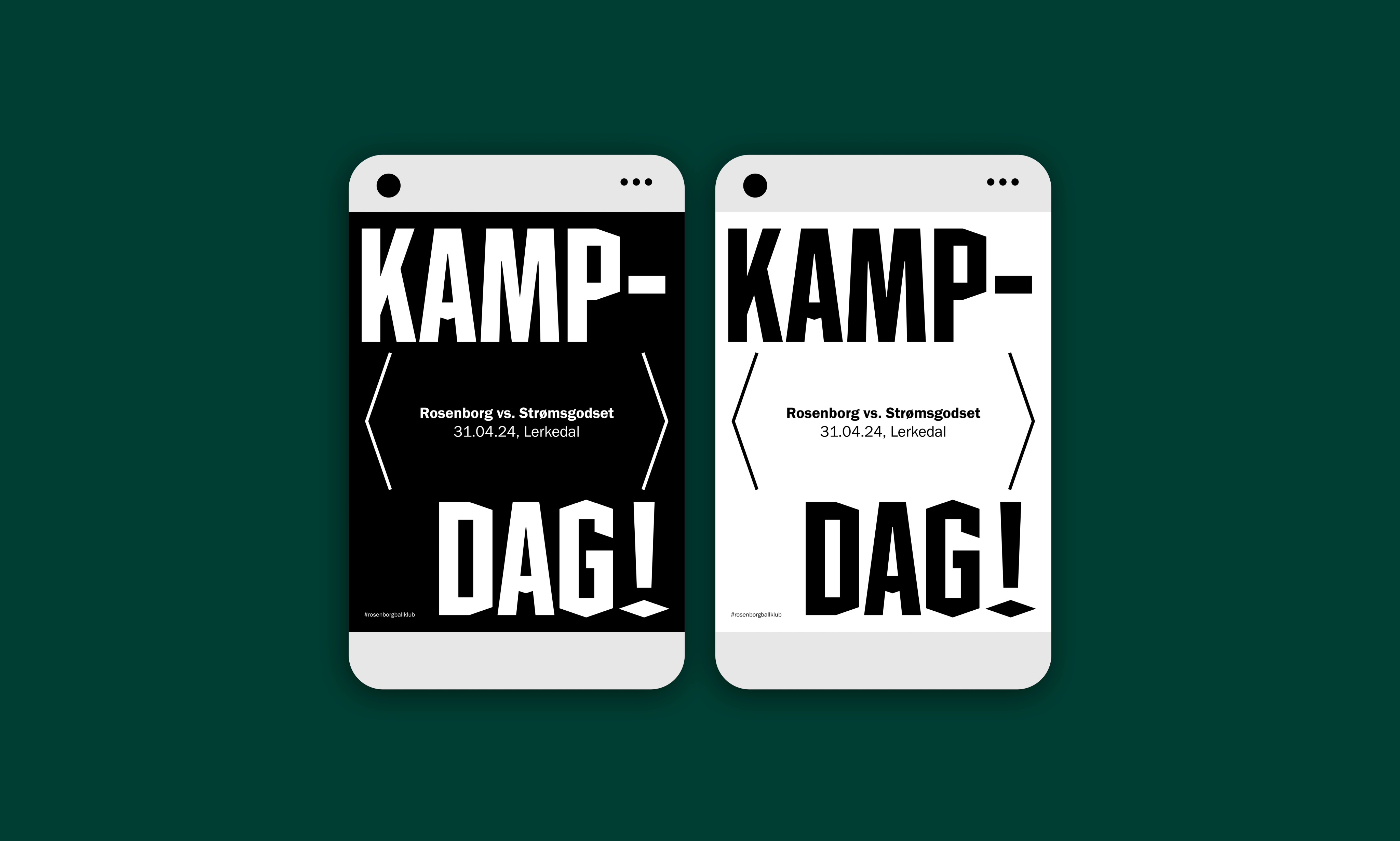 Rosenborg Ballklub ‘Kampdag’ match-day UI cards with bold ‘Always Forward’ typography and game details for Rosenborg vs. Strømsgodset, part of the visual identity designed by Nonspace.