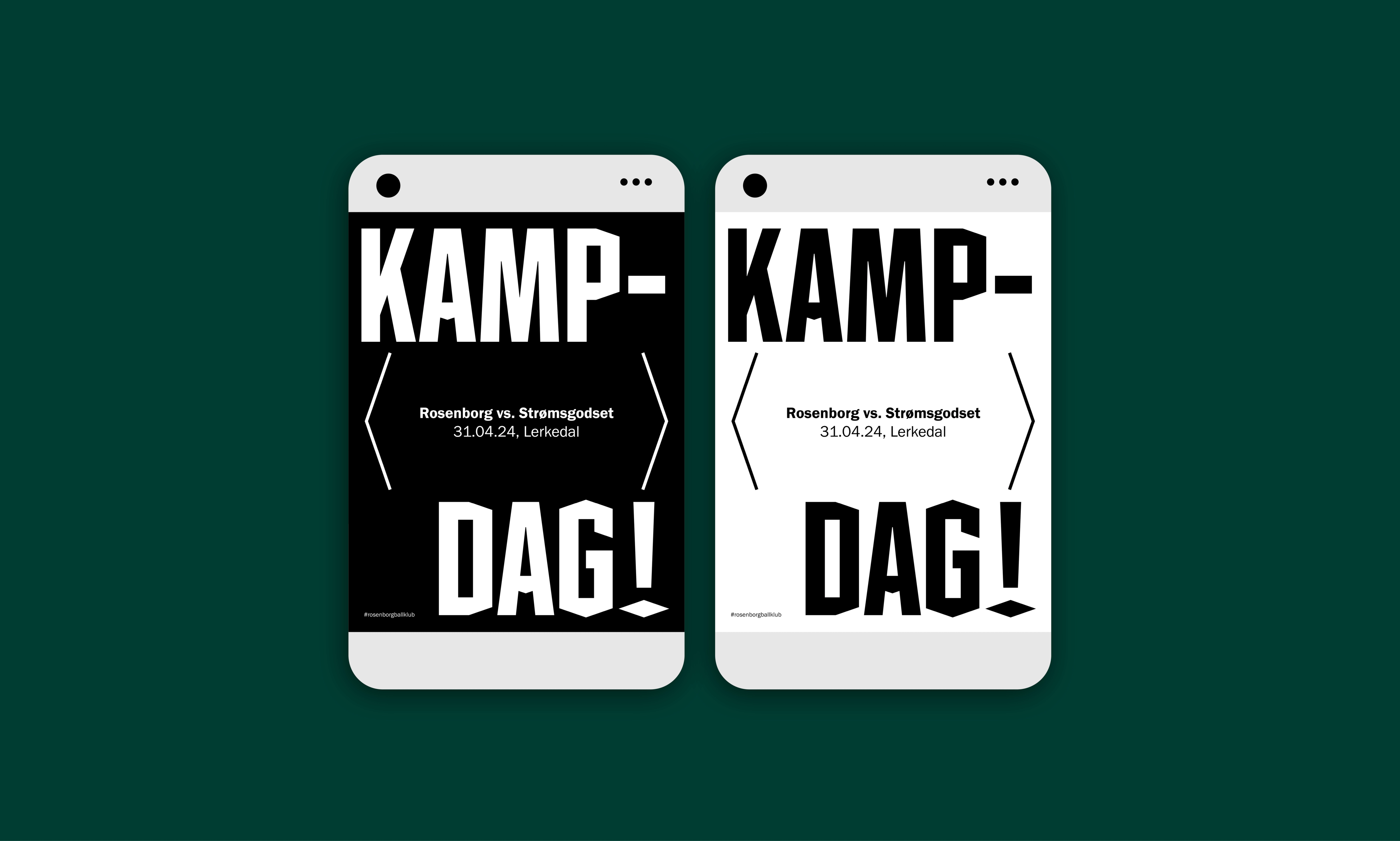Rosenborg Ballklub ‘Kampdag’ match-day UI cards with bold ‘Always Forward’ typography and game details for Rosenborg vs. Strømsgodset, part of the visual identity designed by Nonspace.