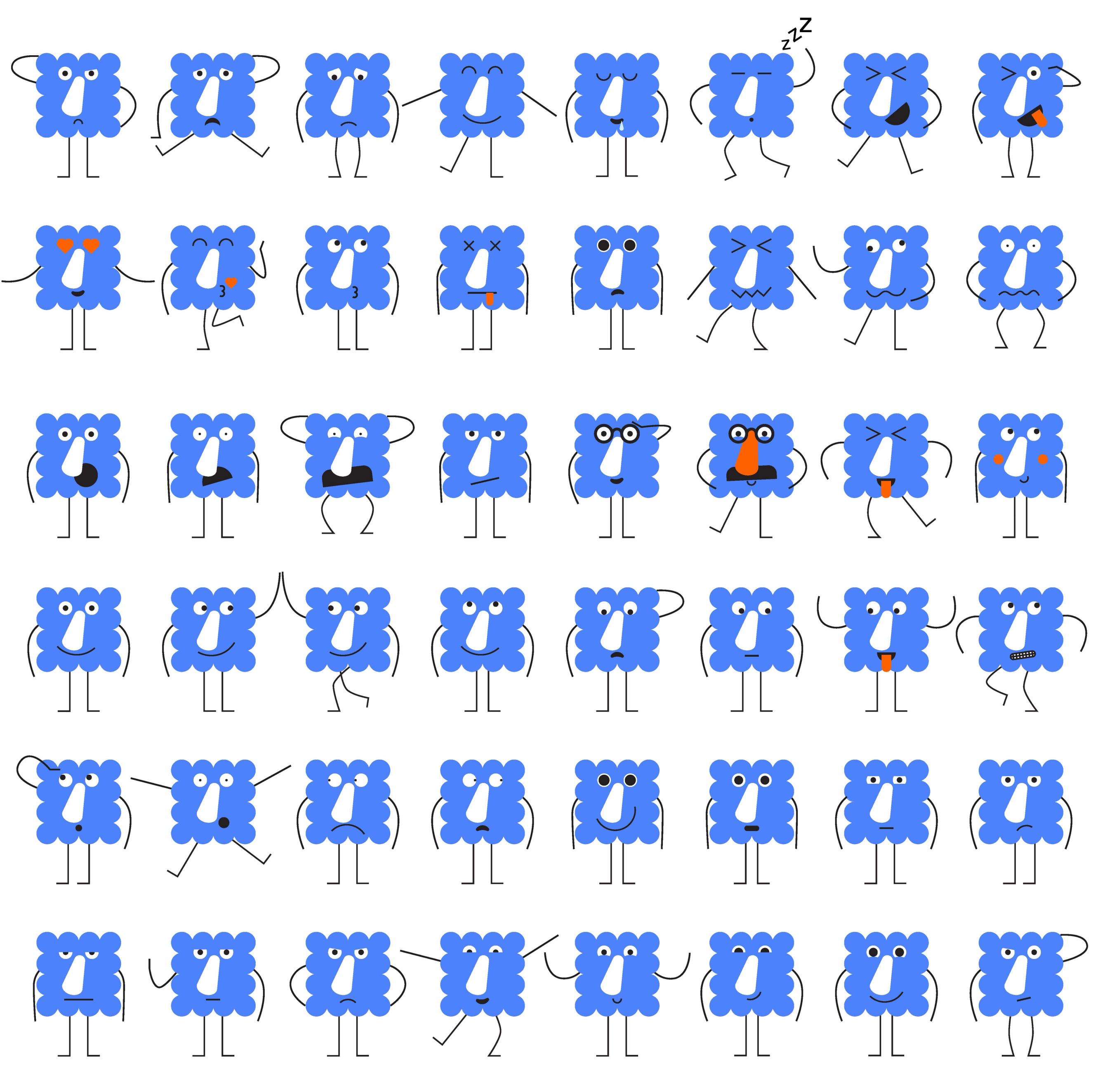 Grid of blue cartoon characters showing different emotions and poses, part of the Kunstsilo kids identity illustrations.