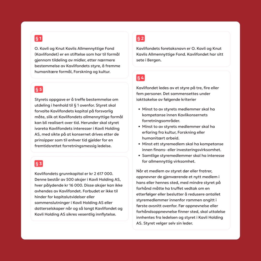 Cards displaying Norwegian legal statutes and bylaws for the Kavlifondet foundation — by Nonspace