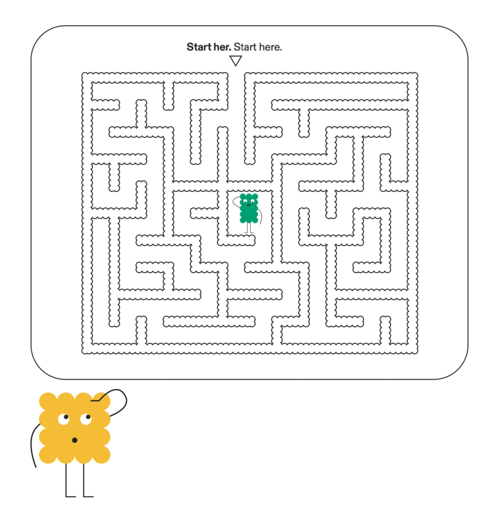 Illustrated children’s maze with a small green character in the center and a yellow character standing outside the maze looking confused. Text at the top says ‘Start here.’