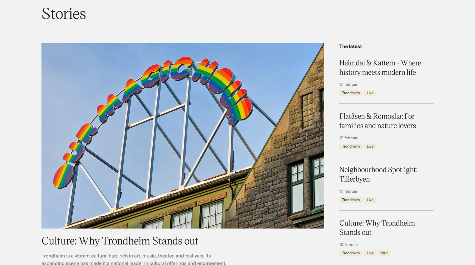 Rainbow ‘MAGIC’ sign on a Trondheim building, used in a Trondheim.com culture article.