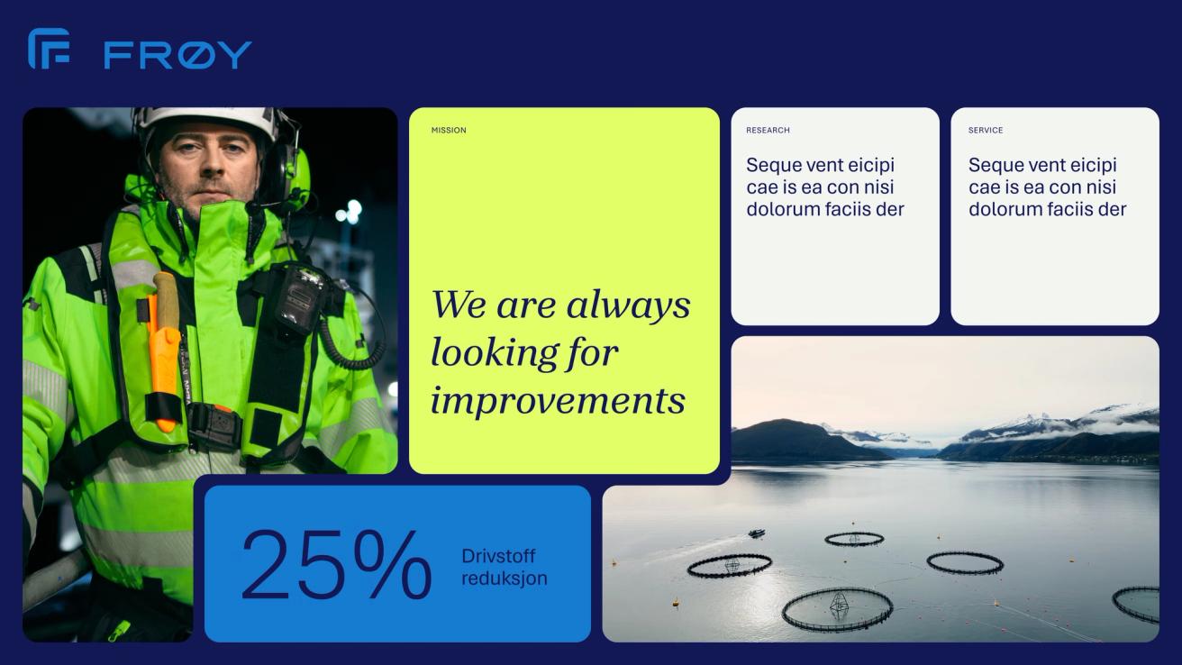 A corporate webpage for Frøy featuring a worker in safety gear and Norwegian fish farming operations — by Nonspace