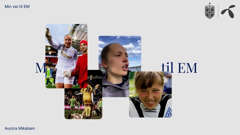 Kollasj med fire bilder av fotballspiller Aurora Mikalsen fra barndom til landslagsspiller med teksten "Min vei til EM" — av Nonspace