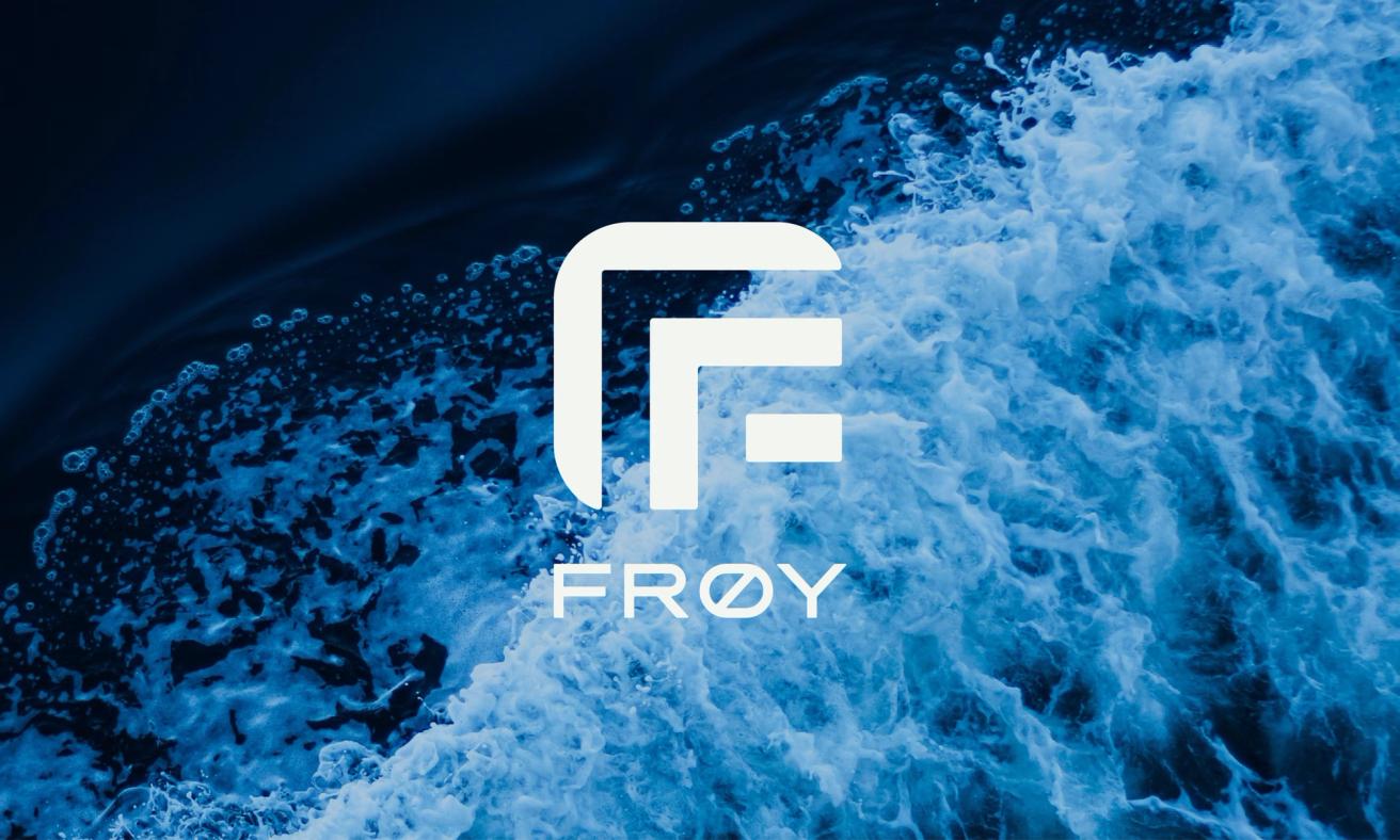 Frøy logo featuring stylized F lettermark displayed over dramatic blue ocean waves — by Nonspace