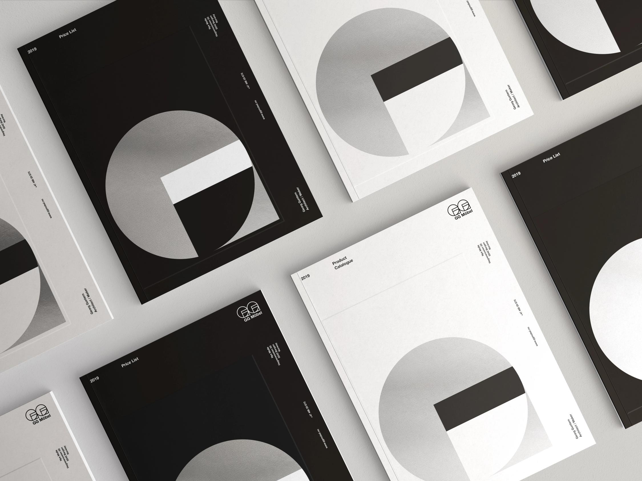 Flere trykksaker med minimalistisk G-logo for GG Möbel i svart og hvitt, inkludert prislister og produktkatalog — av Nonspace
