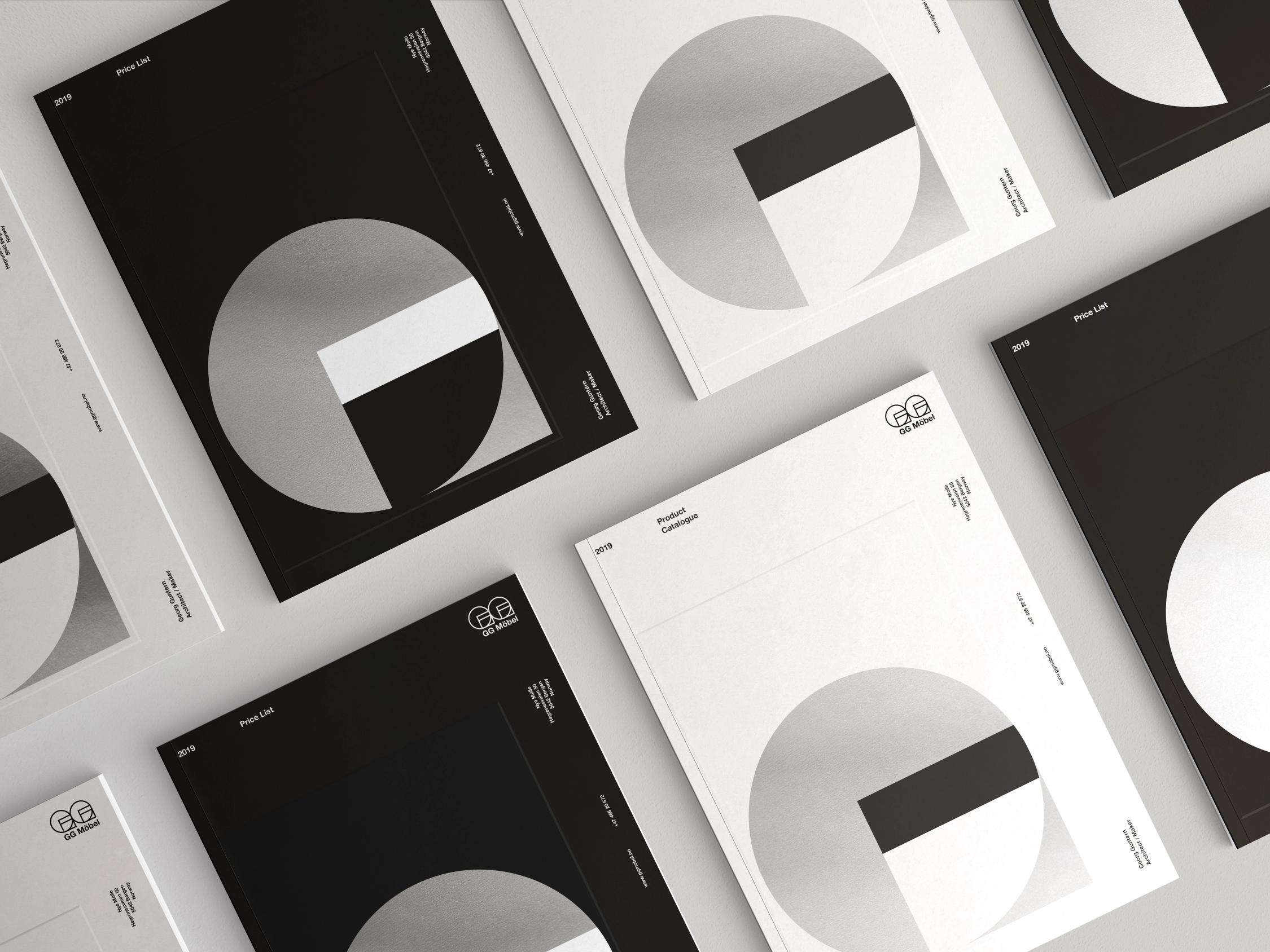 Flere trykksaker med minimalistisk G-logo for GG Möbel i svart og hvitt, inkludert prislister og produktkatalog — av Nonspace