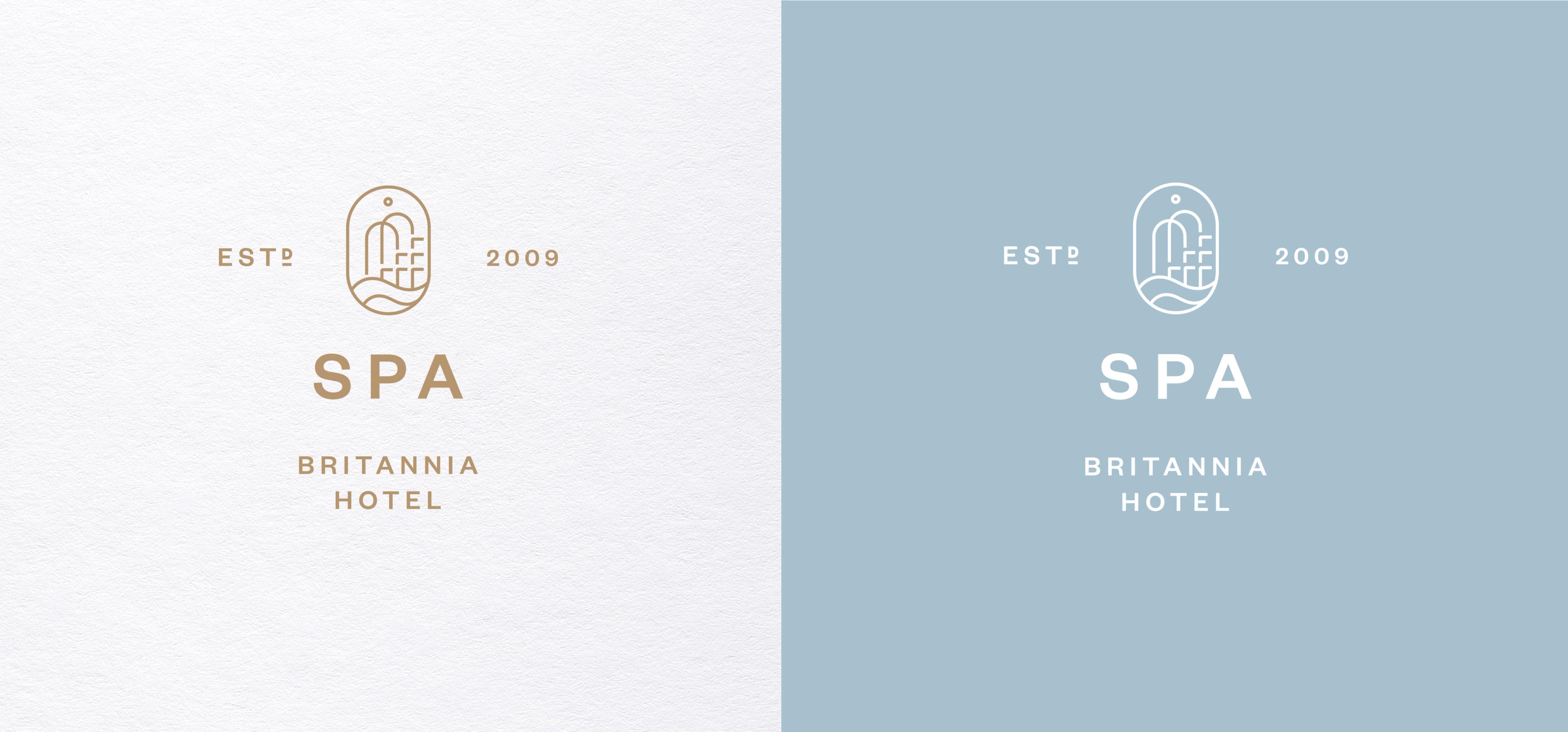 Logoen til Britannia Hotel Spa med ikon av svømmebasseng og buer vist i gull og hvit versjon — av Nonspace