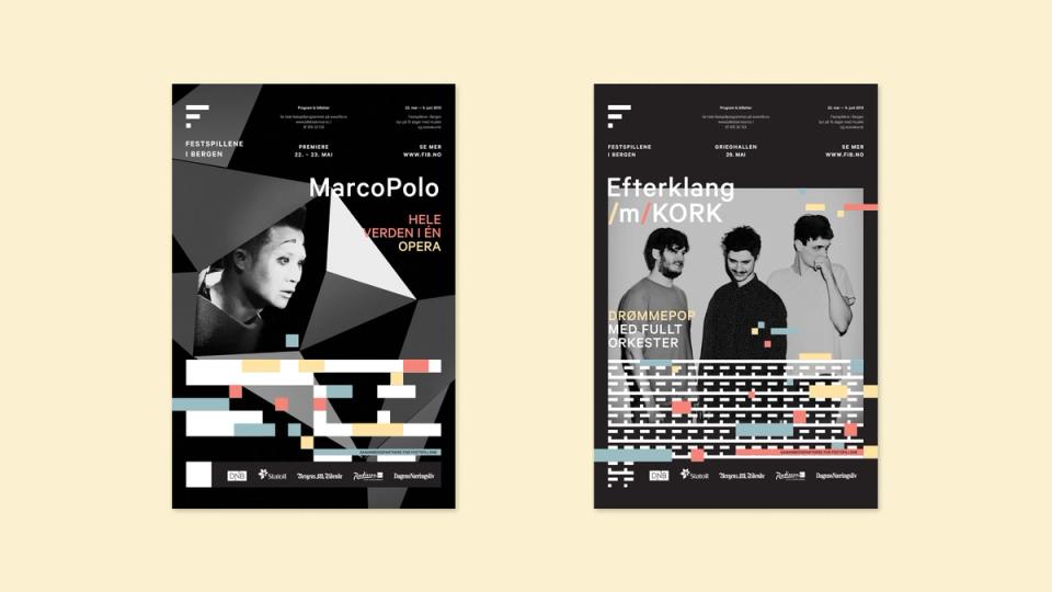 Two promotional posters for Bergen Festival featuring Marco Polo opera and Efterklang with KORK orchestra — by Nonspace