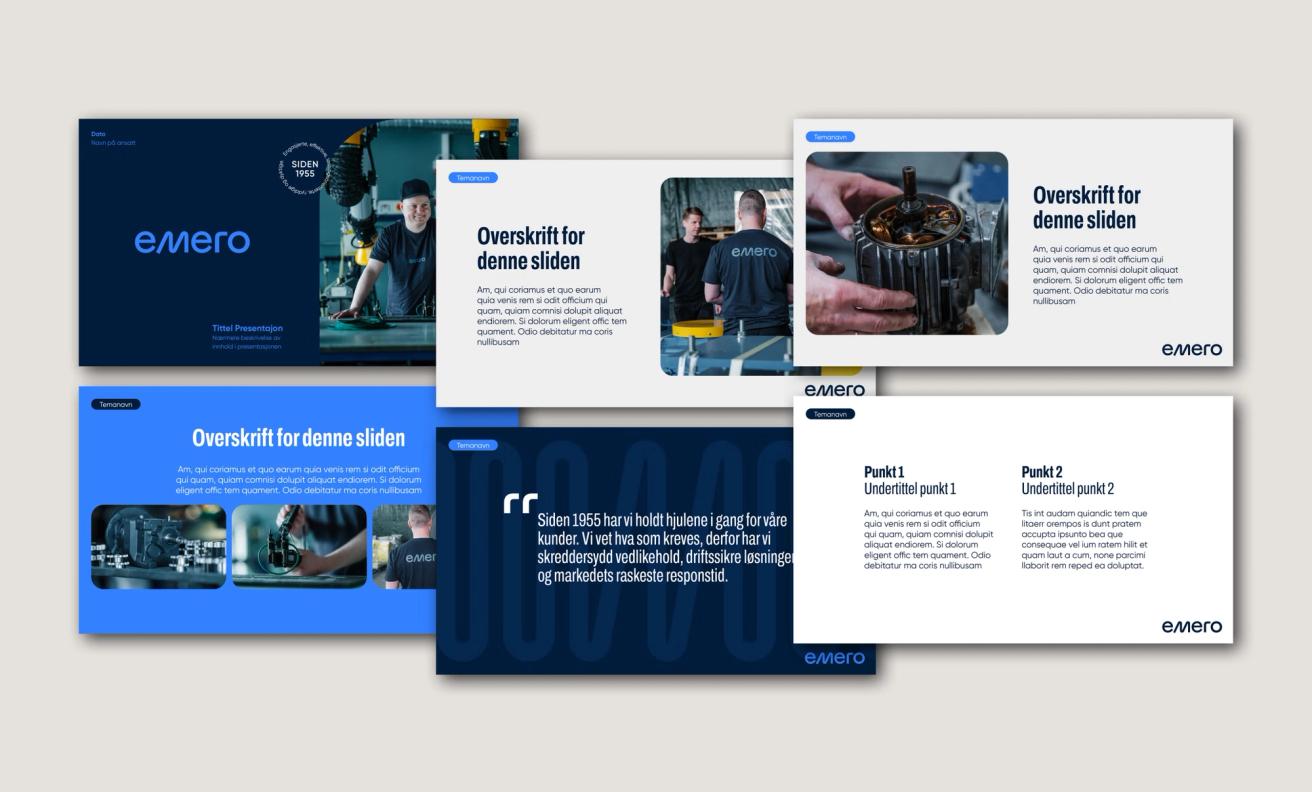 Presentation slide templates for Emero featuring industrial machinery and worker imagery in blue and white branding — by Nonspace