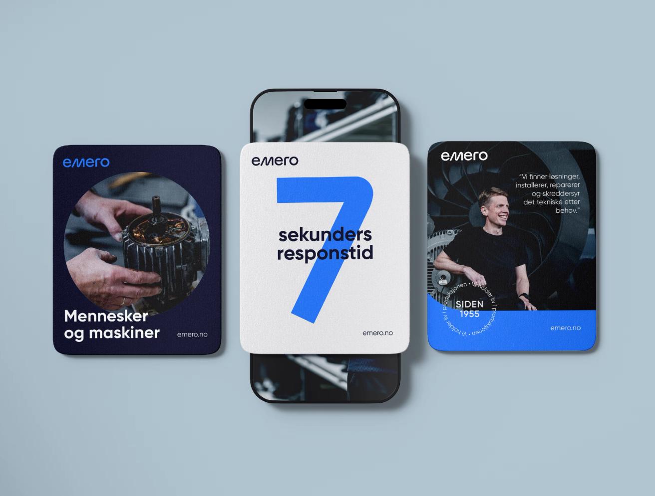 Three mobile marketing cards for Emero showcasing machinery repair services with 7-second response time messaging — by Nonspace