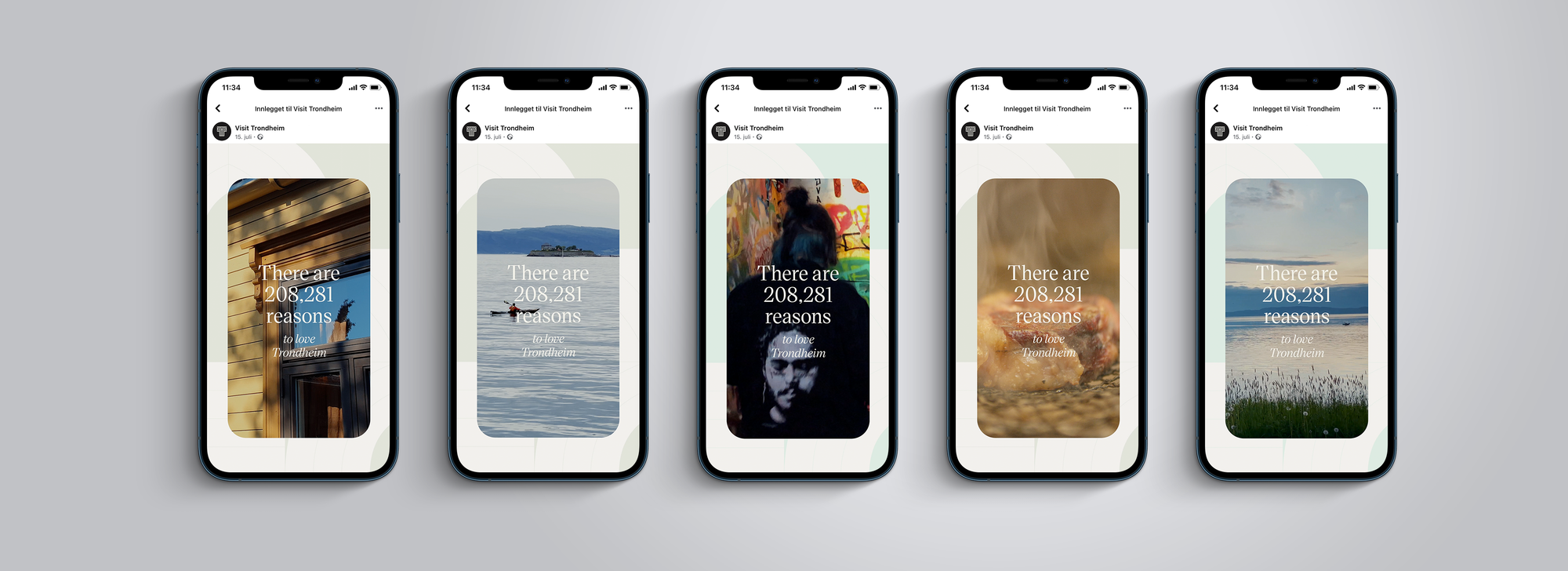 Five smartphones displaying Visit Trondheim social media posts with the tagline "There are 208,281 reasons to love Trondheim" — by Nonspace