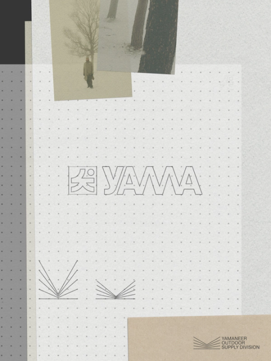 Moodboard med vinterfotografier, YAMA-logo og grafiske elementer for Yamaneer Outdoor Supply Division — av Nonspace