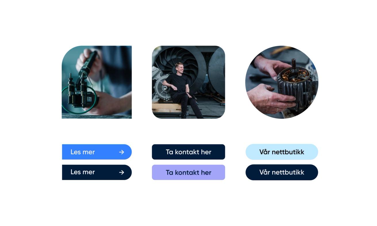 Tre bilder viser industrielt utstyr og en mann foran en turbin, med knapper for lesing, kontakt og nettbutikk — av Nonspace.