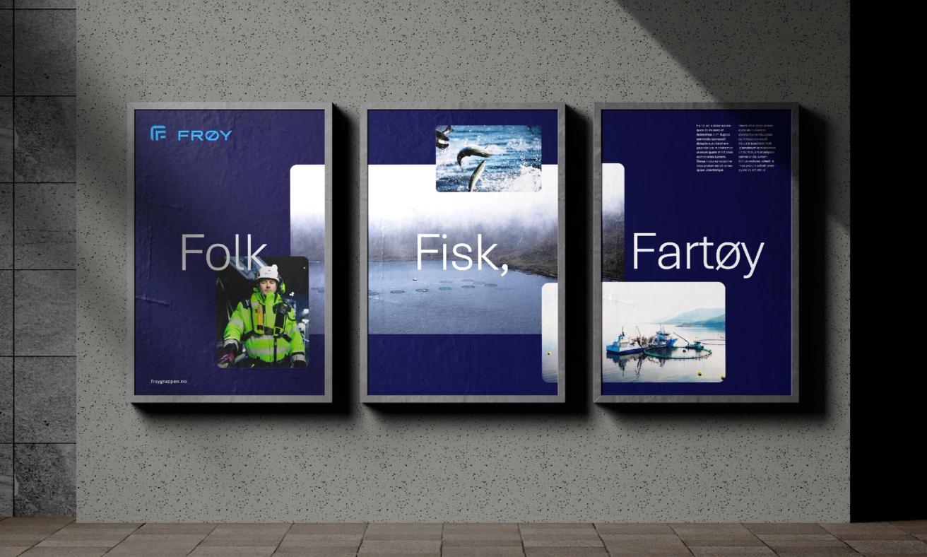 Three posters for Frøy featuring Folk, Fisk, and Fartøy with images of a worker, jumping fish, and fishing boats — by Nonspace