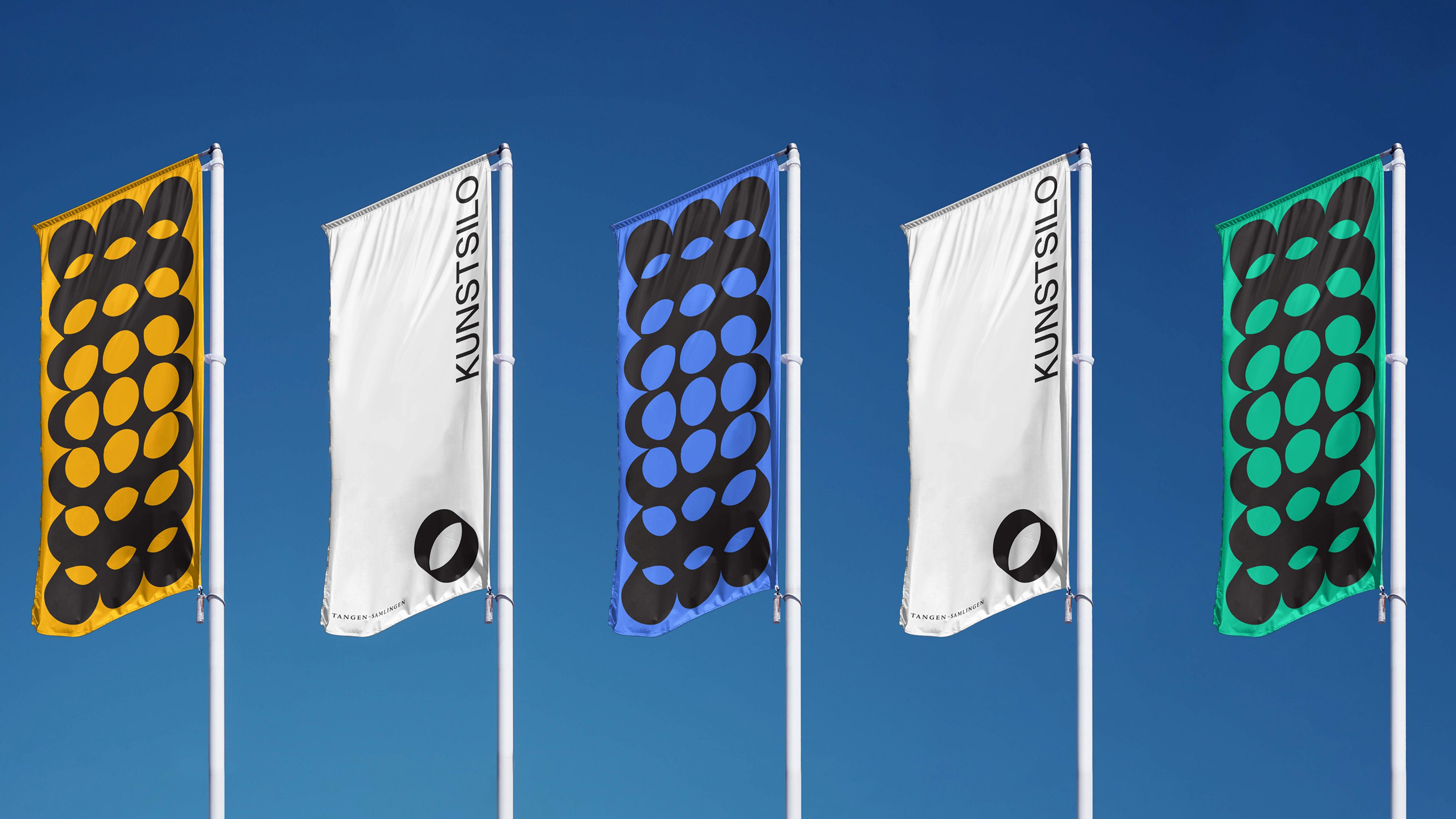 Kunstsilo 'Shifting Perspectives' brand concept with hero flags at museum entrance — Kunstsilo, brand identity by Nonspace