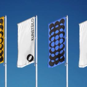 Kunstsilo 'Shifting Perspectives' brand concept with hero flags at museum entrance — Kunstsilo, brand identity by Nonspace