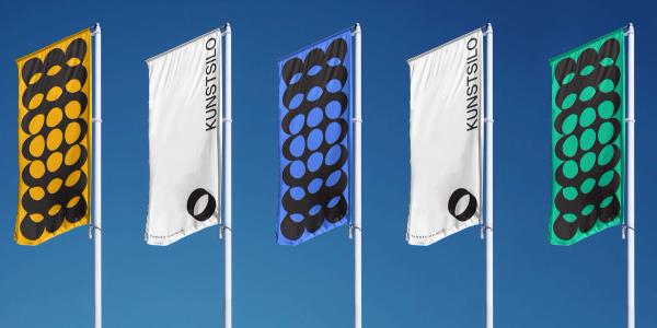Kunstsilo 'Shifting Perspectives' brand concept with hero flags at museum entrance — Kunstsilo, brand identity by Nonspace