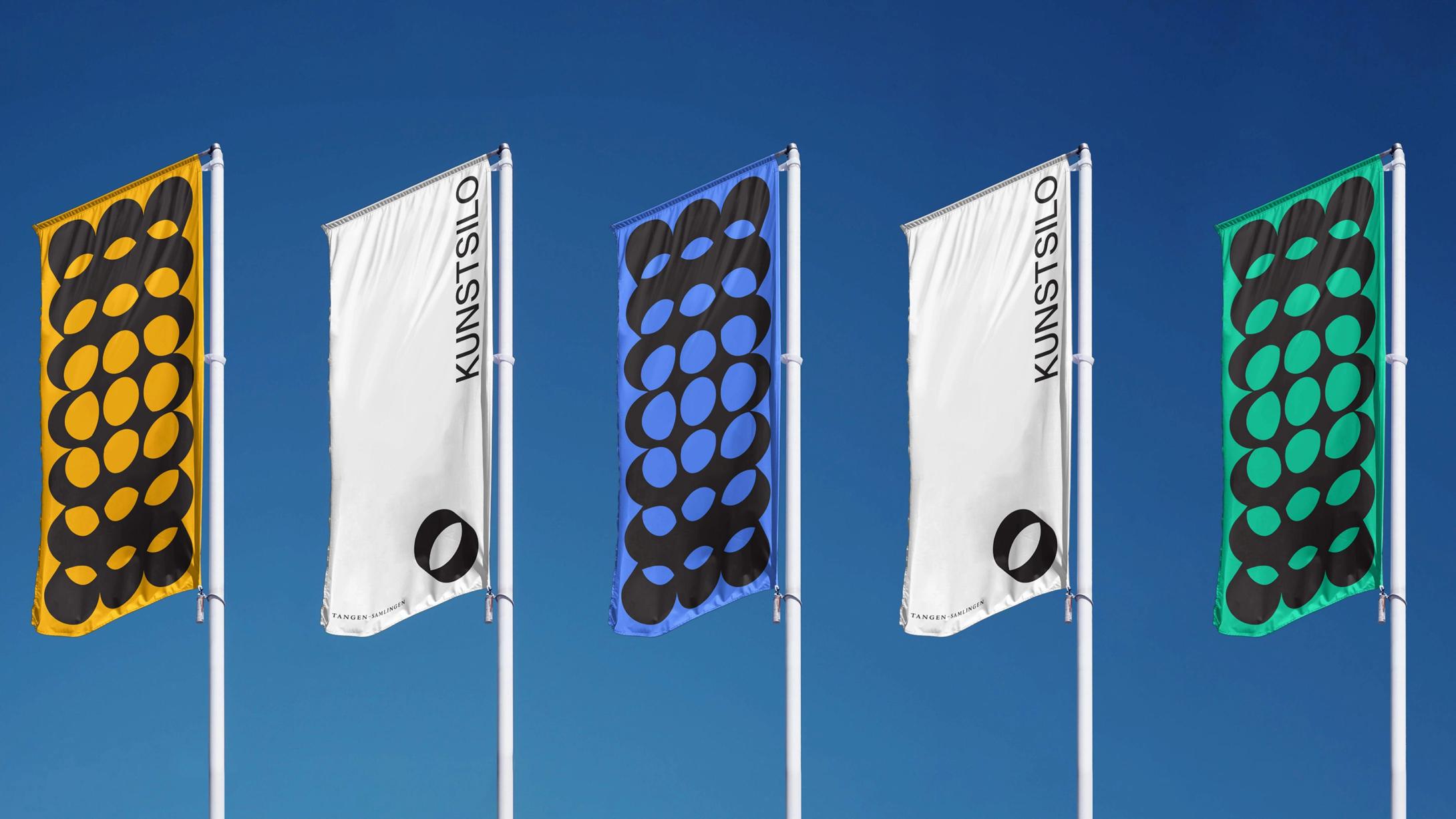 Kunstsilo 'Shifting Perspectives' brand concept with hero flags at museum entrance — Kunstsilo, brand identity by Nonspace