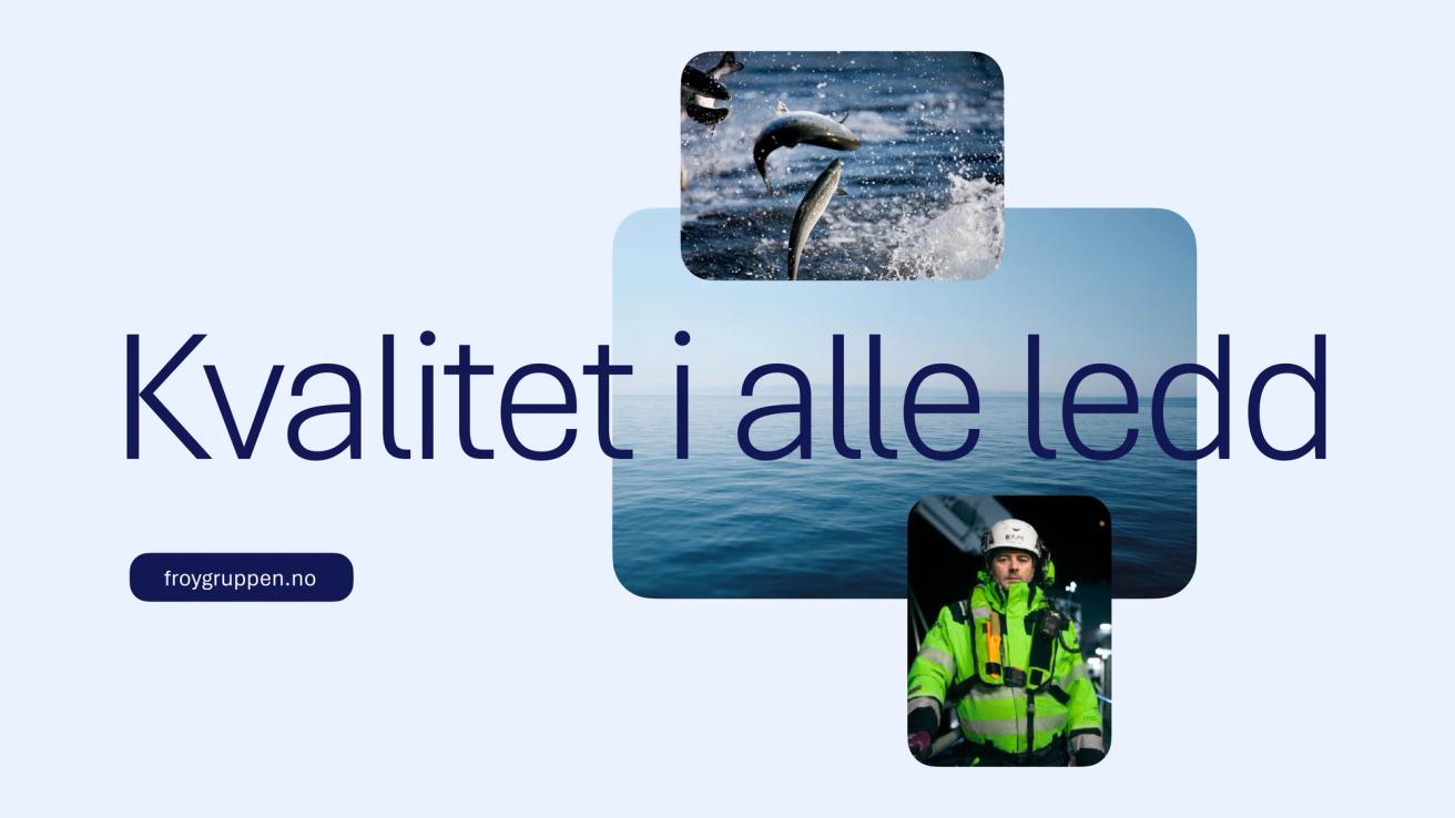 Fish leaping from ocean water and a maritime worker in safety gear promoting Frøygruppen seafood company — by Nonspace