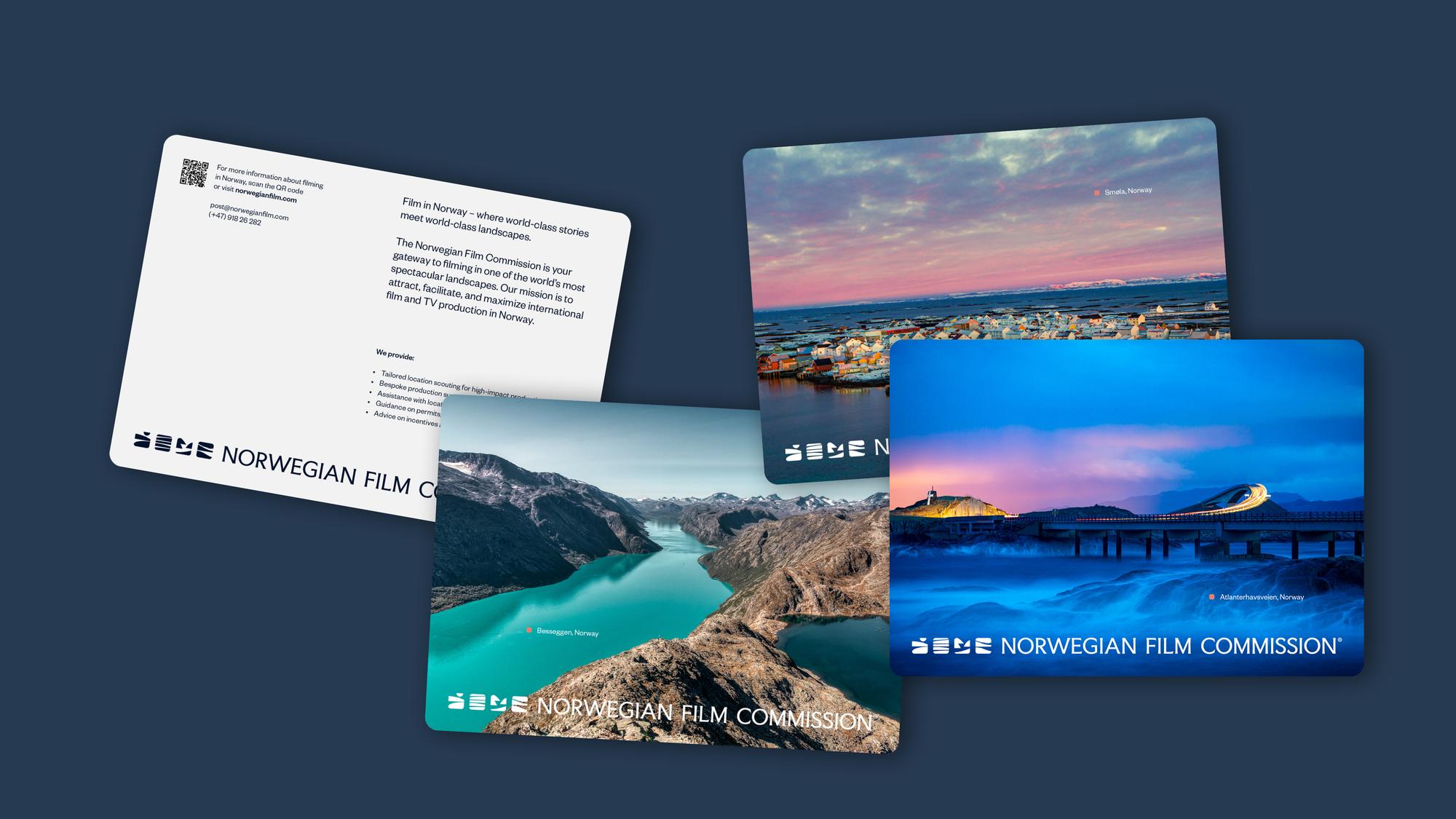 Promotional cards for Norwegian Film Commission featuring scenic Norwegian landscapes and contact information — by Nonspace