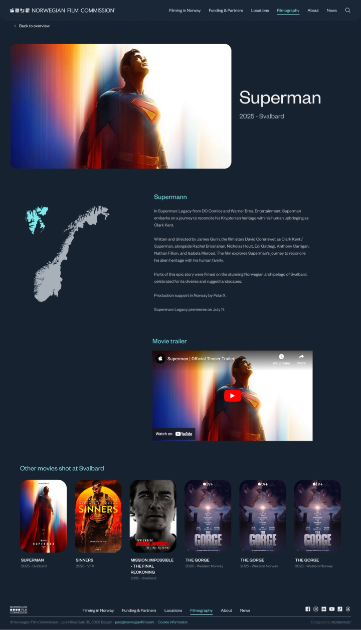 Nettside for Norwegian Film Commission som viser informasjon om filmen Superman fra 2025 med filming på Svalbard — av Nonspace