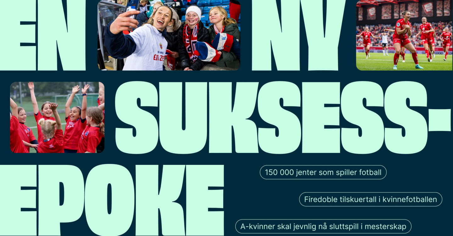 A promotional graphic celebrating Norwegian women's football with fans, players, and youth teams highlighting 150,000 girl players — by Nonspace