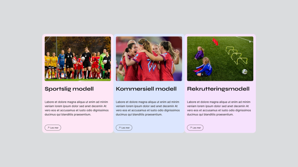 Three section cards from the website side by side titled Sporting model, Business model, and Recruitment model, each featuring a photograph: line-up before kick-off, a celebration scene from the Norwegian women's national team in red kit, and two children with training equipment on an artificial pitch.