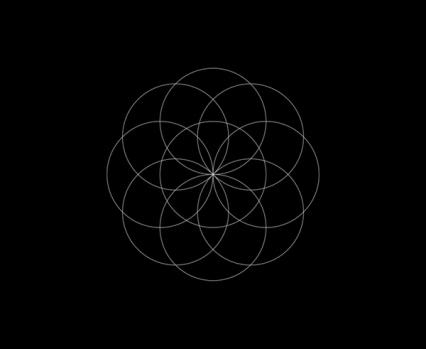 Geometrisk mønster av overlappende sirkler som danner en symmetrisk blomsterlignende form på svart bakgrunn — av Nonspace