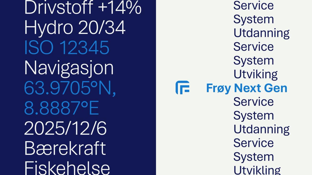 Typografisk oversikt med norske ord som Drivstoff, Bærekraft og Fiskehelse samt Frøy Next Gen-logoen — av Nonspace