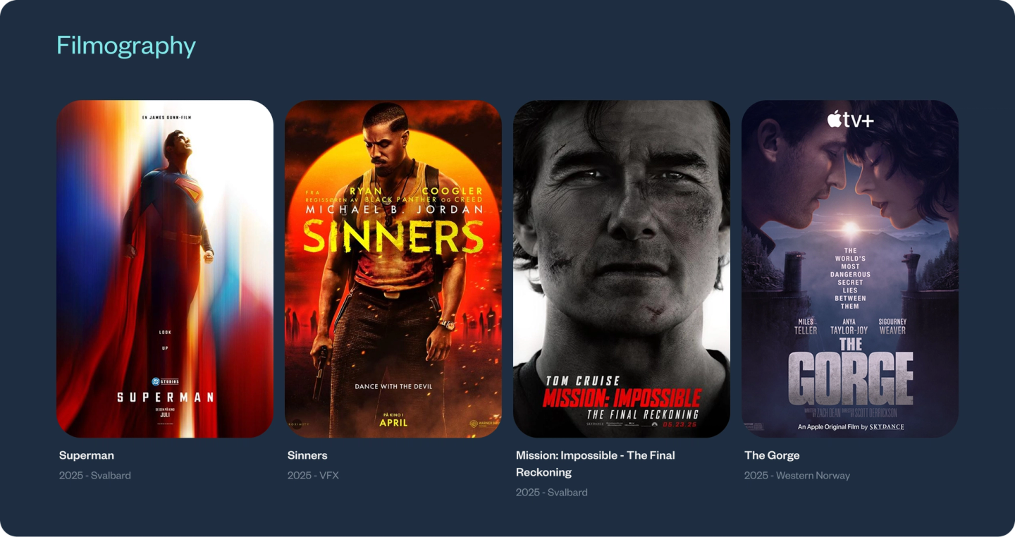 Filmografi-seksjon som viser fire filmplakater fra 2025: Superman, Sinners, Mission: Impossible og The Gorge — av Nonspace