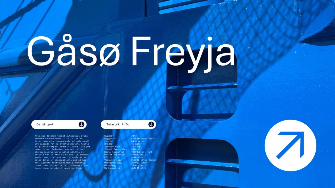 A webpage design for vessel Gåsø Freyja showing technical specifications and navigation buttons — by Nonspace