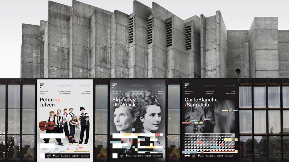 Three promotional posters for Bergen Festival events displayed on a brutalist concrete building facade — by Nonspace