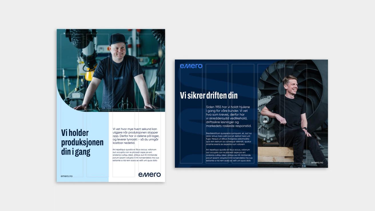 To annonser for Emero med industriarbeidere og norsk tekst om produksjon og drift — av Nonspace