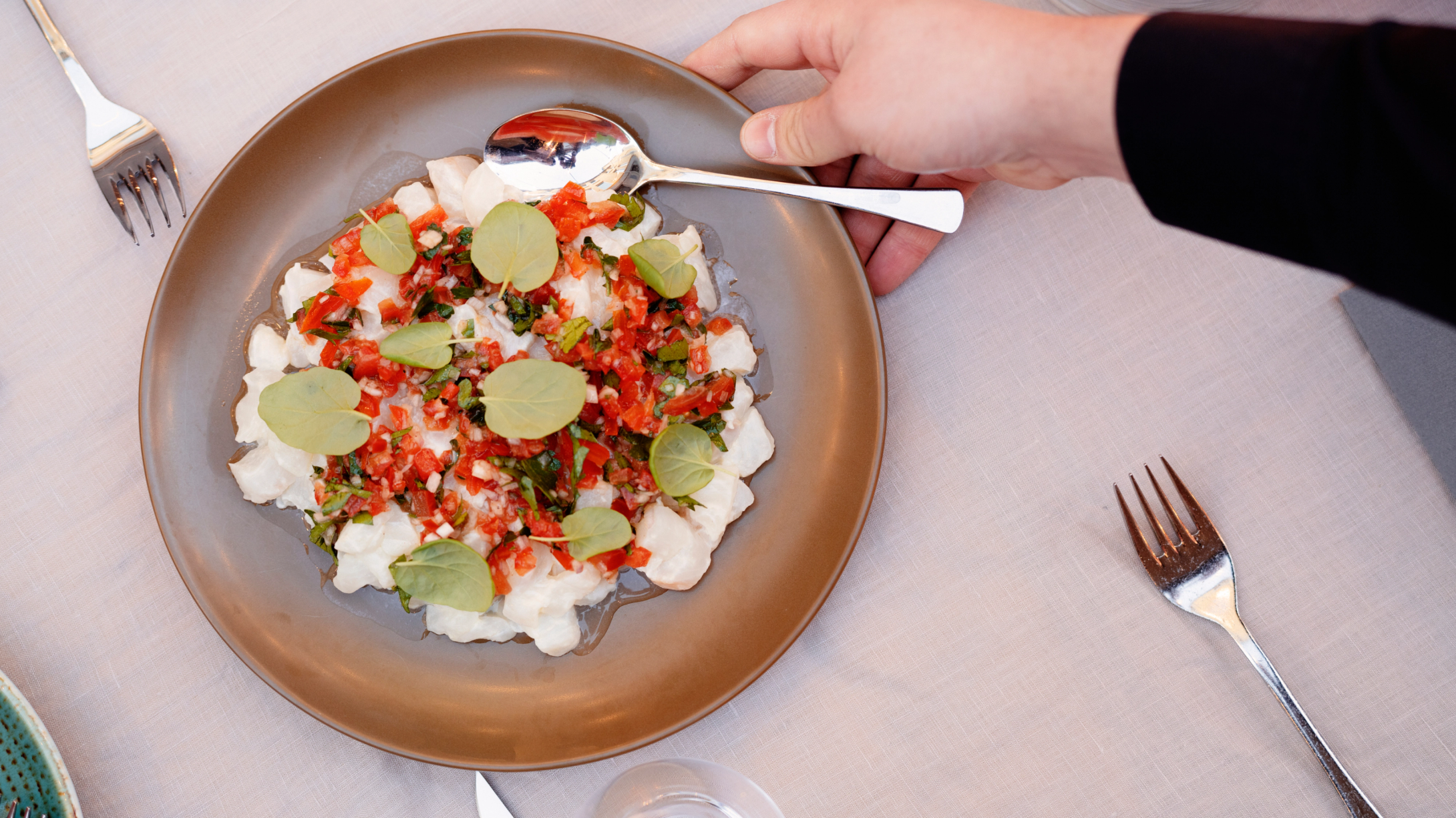 En hånd serverer ceviche med rød salsa og grønne blader på et brunt fat ved et dekket bord — av Nonspace