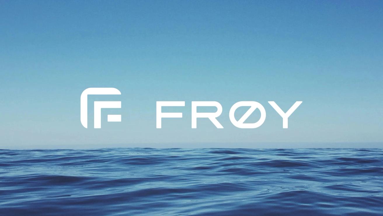 The FRØY logo and wordmark in white displayed over a calm blue ocean and sky — by Nonspace