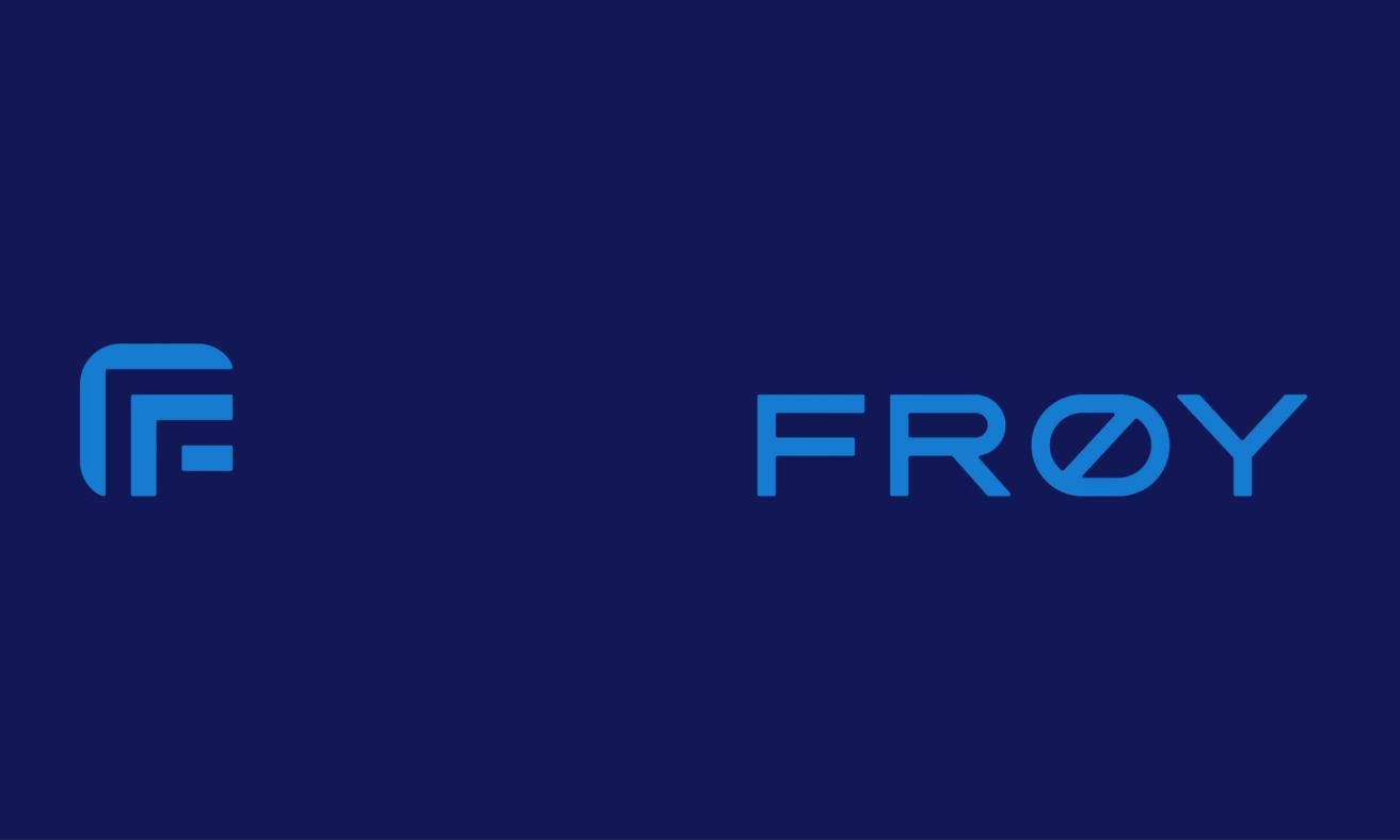Logo design showing an abstract F monogram and the wordmark FRØY in blue on a dark navy background — by Nonspace