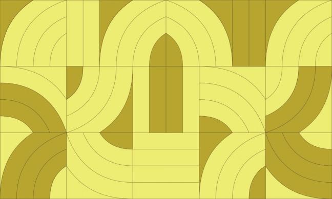 Geometrisk mønster med buede linjer og buer i gule og olivengrønne toner arrangert i et rutenett — av Nonspace