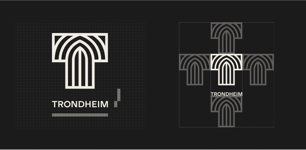 Logodesign for Trondheim med stilisert T-form inspirert av bueganger vist i ulike variasjoner på mørk bakgrunn — av Nonspace