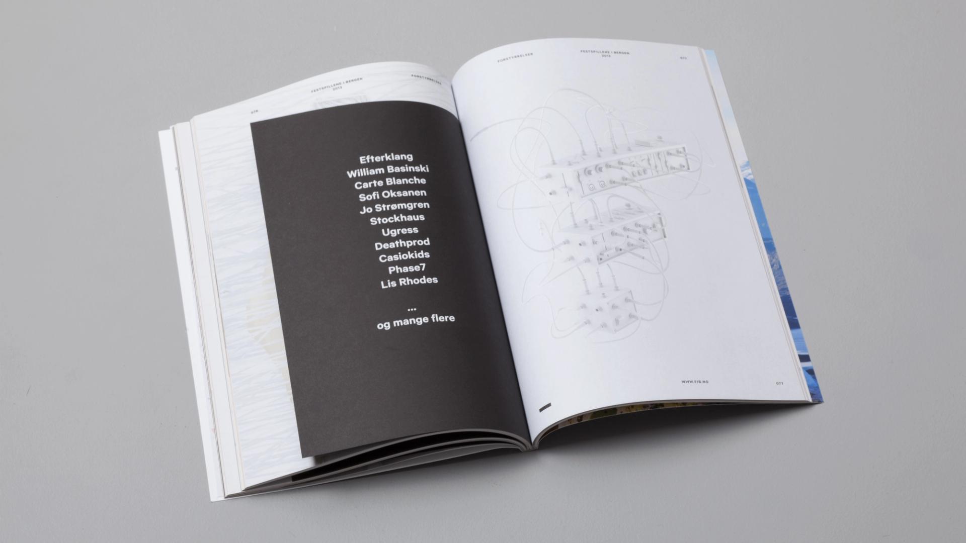 An open book showing a dark page listing artist names including Efterklang and William Basinski alongside a technical diagram — by Nonspace