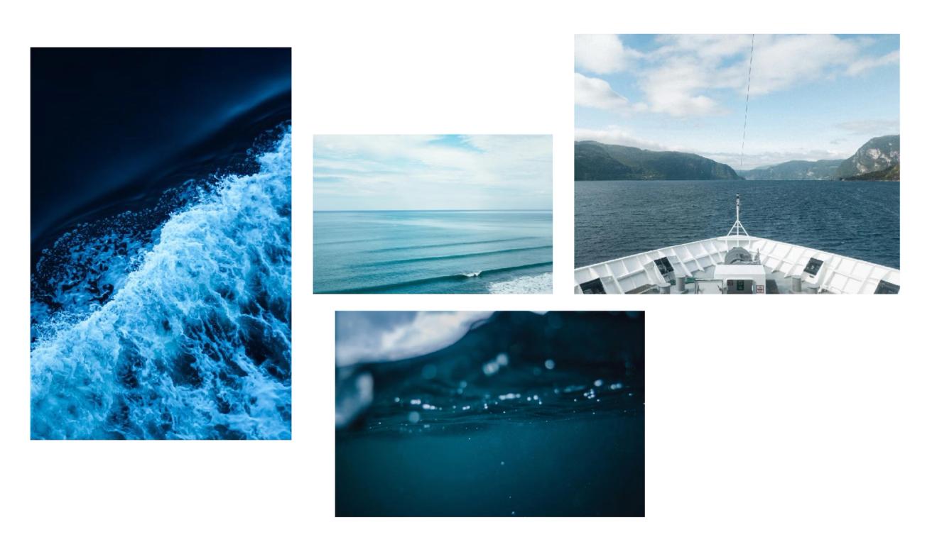 A collage of four ocean photographs showing waves, calm seas, a ship's bow in a fjord, and underwater view — by Nonspace