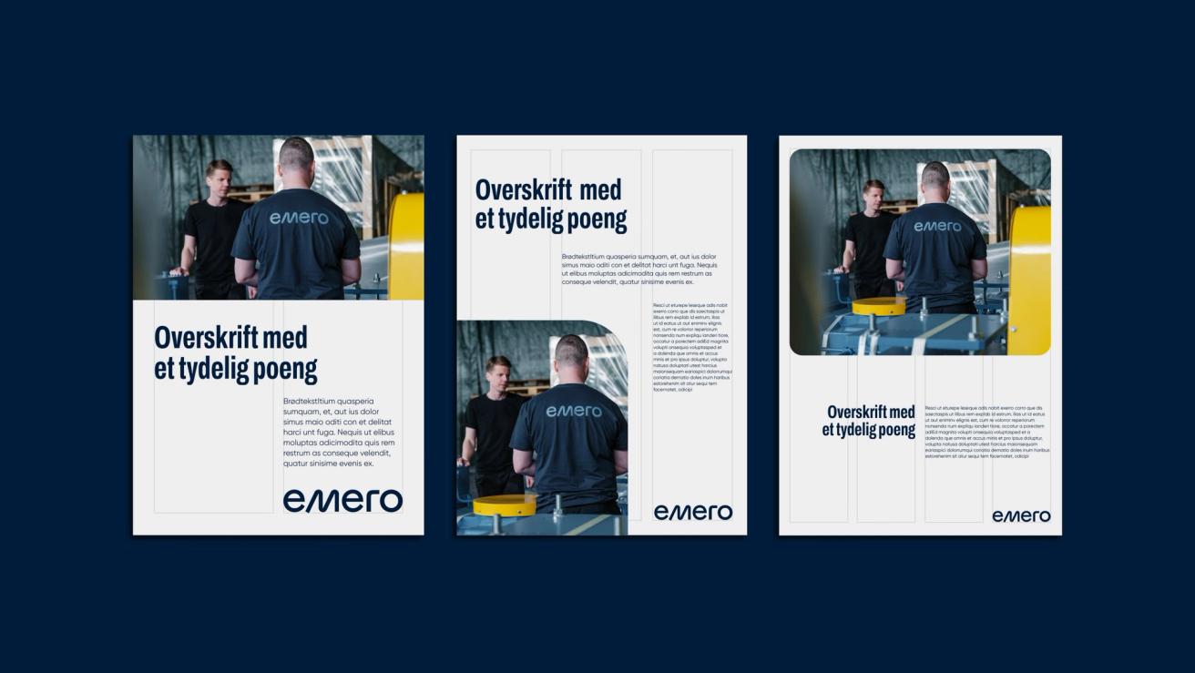 Tre layoutvarianter av brosjyrer for Emero med bilder av ansatt i arbeid ved produksjonsutstyr — av Nonspace