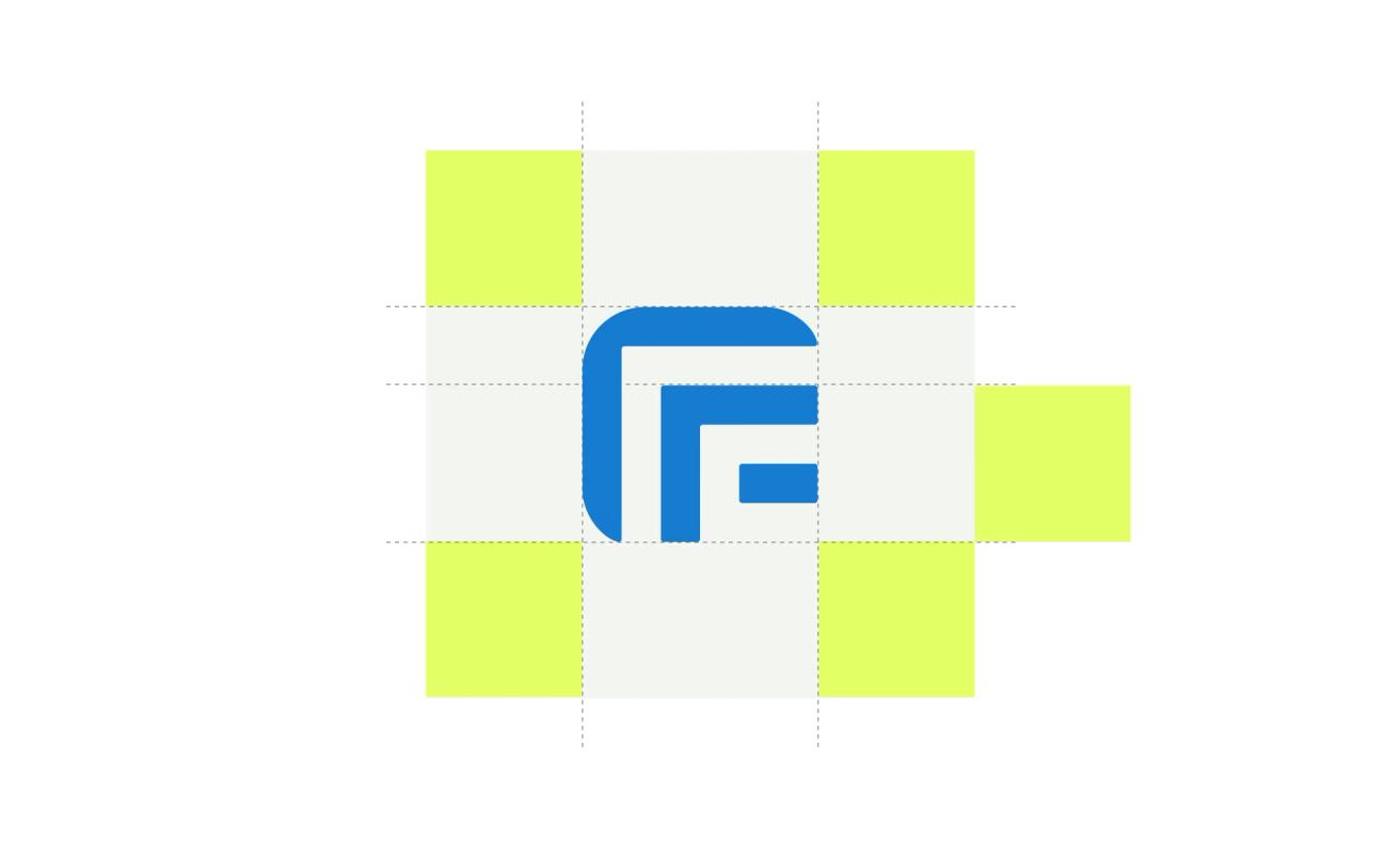 A blue logo combining the letters G and F displayed on a grid with yellow corner squares — by Nonspace