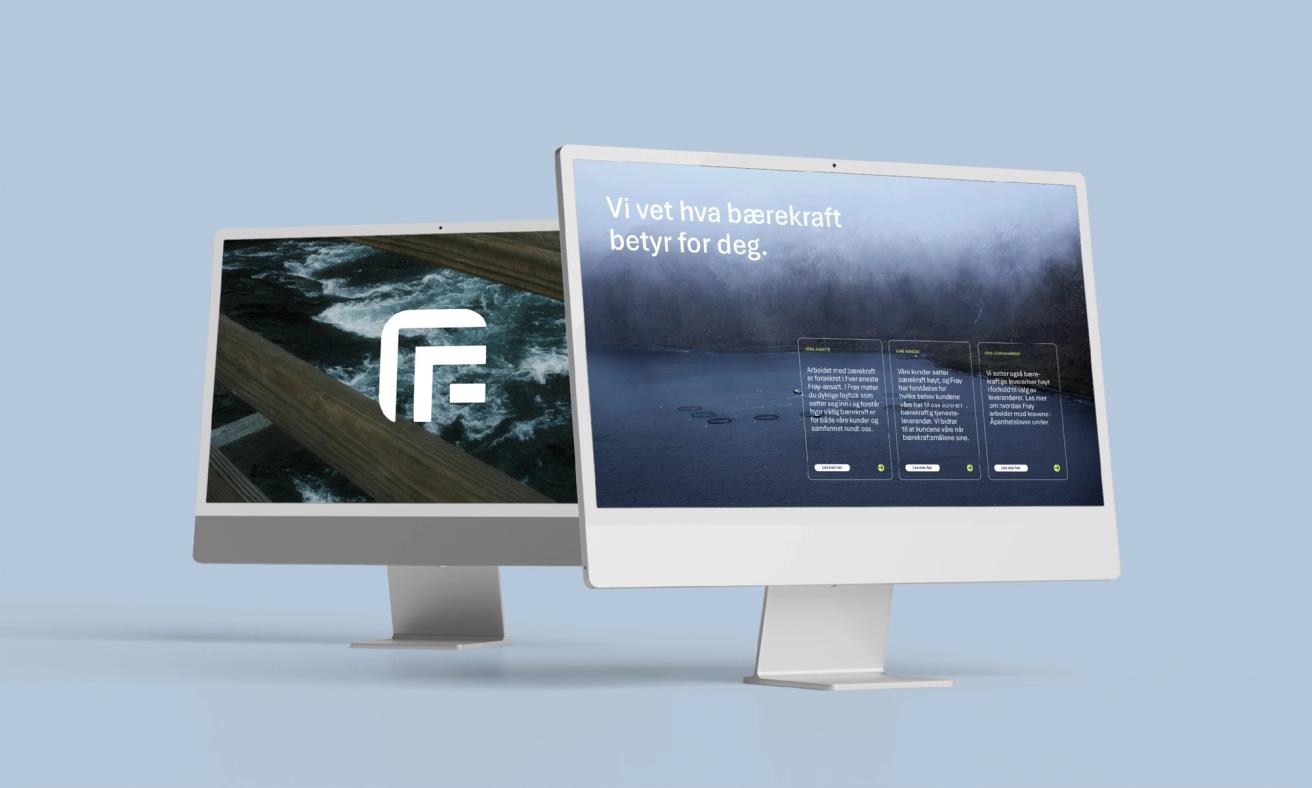 Two iMac monitors displaying a Norwegian sustainability website with an F logo and misty fjord imagery — by Nonspace