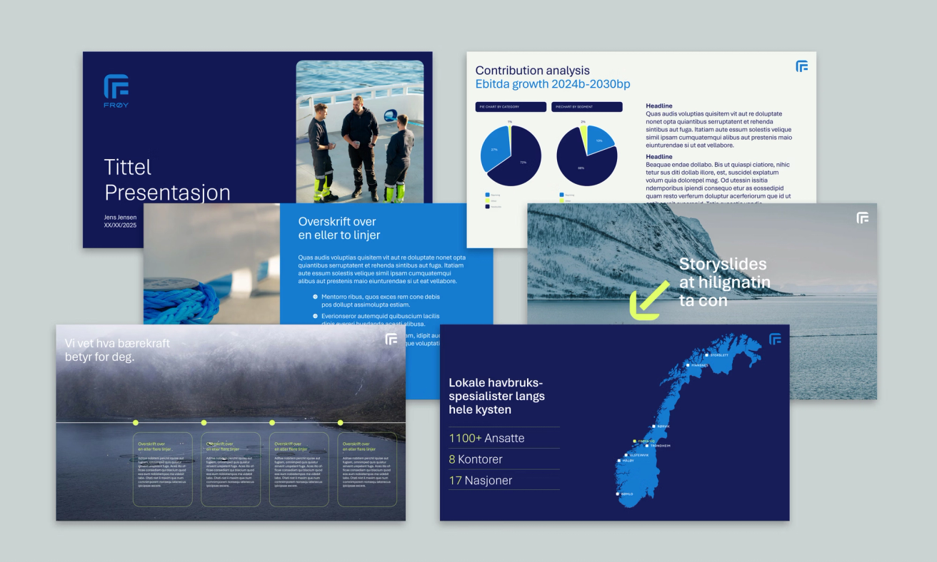 Presentation slides for Frøy featuring company statistics, pie charts, and Norwegian coastal imagery — by Nonspace