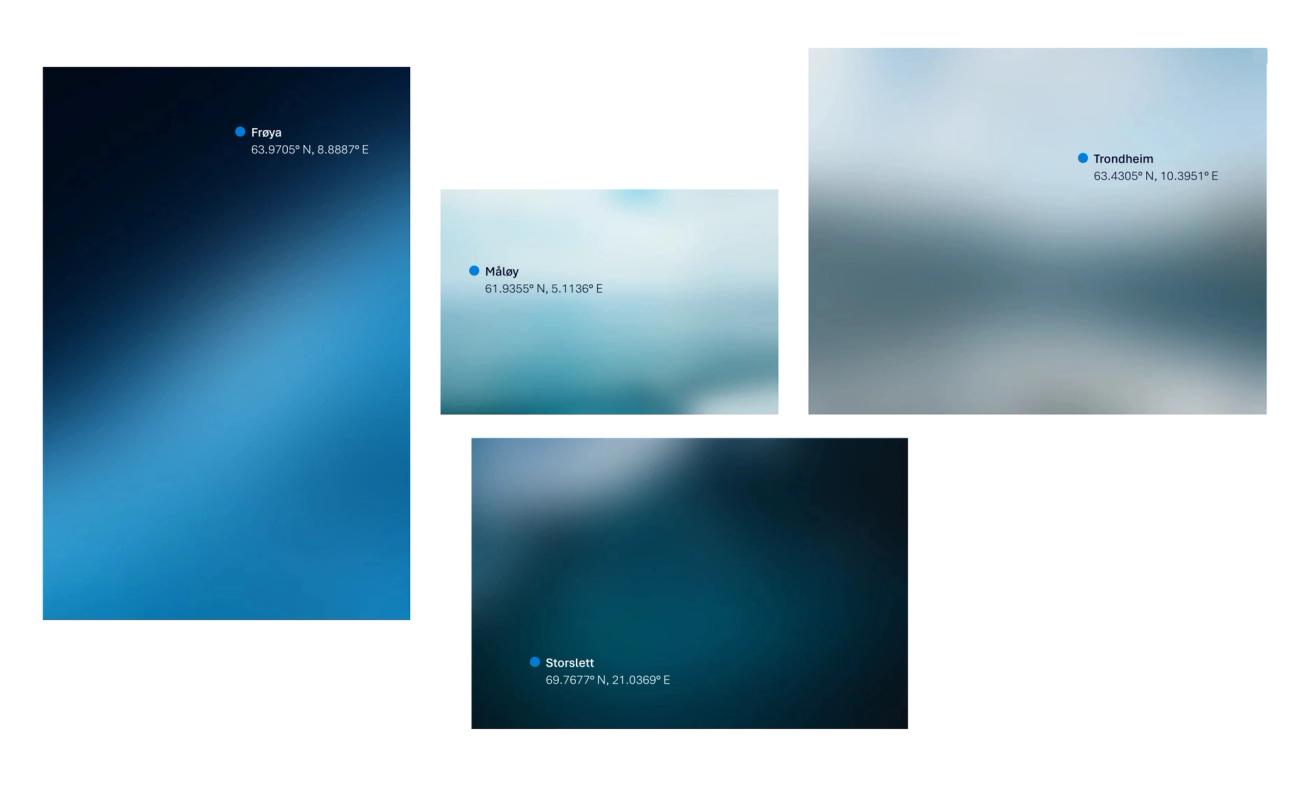 Four location cards showing Norwegian coastal places Frøya, Måløy, Trondheim, and Storslett with coordinates on blue gradient backgrounds — by Nonspace