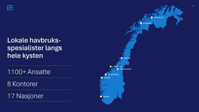 A map of Norway showing 8 office locations along the coast for an aquaculture company with 1100+ employees — by Nonspace
