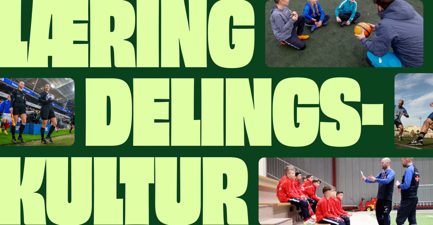 Children and coaches in various football training and match settings with Norwegian text about learning and sharing culture — by Nonspace