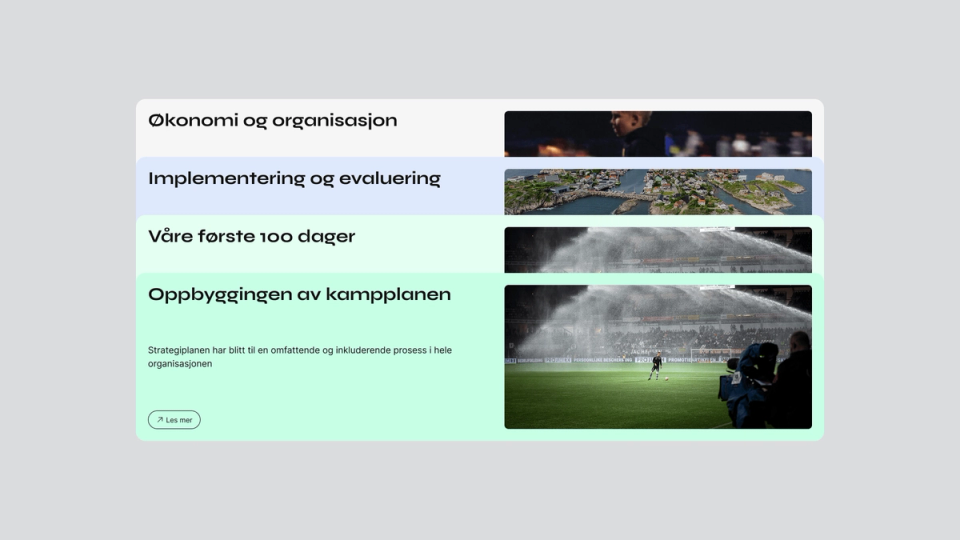 Four coloured sections stacked vertically with the titles Finance and organisation, Implementation and evaluation, Our first 100 days, and Building the match plan, each paired with a relevant photograph.